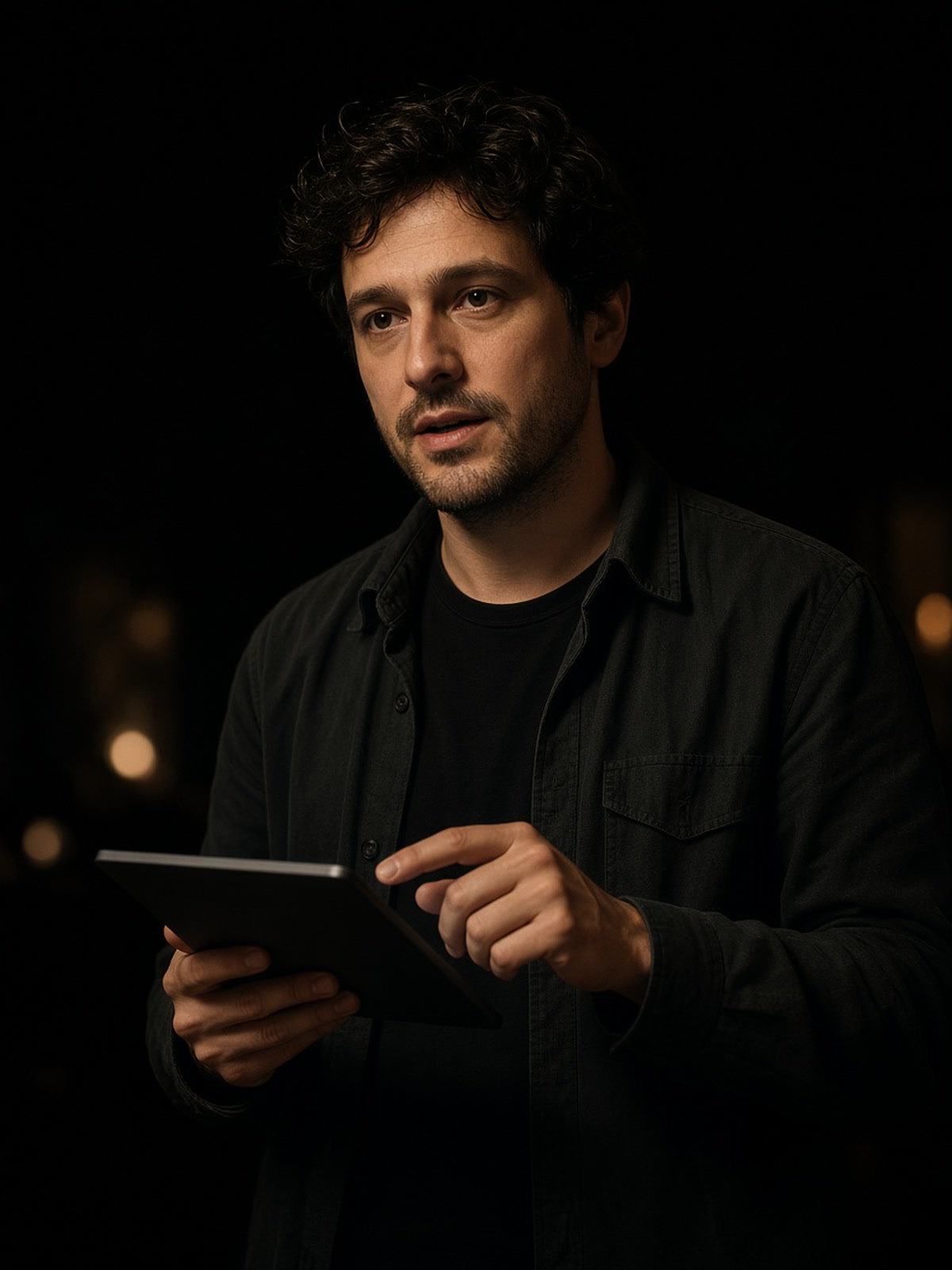 Founder demonstrating a product on a handheld screen