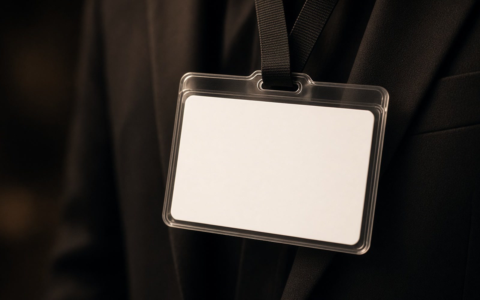 Close-up of a blank conference badge and lanyard
