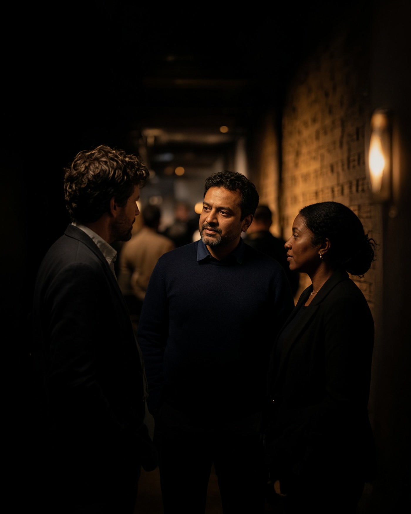 Founders talking in a dim event hallway