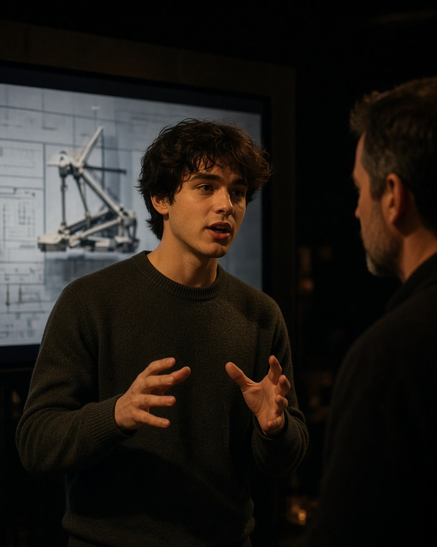 Student presenting research to a listener at a demo booth